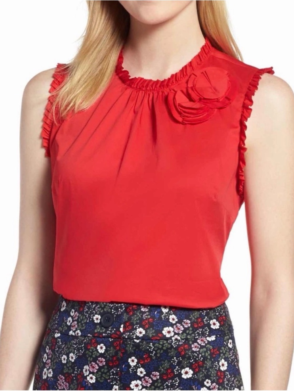 1901 Red Sleeveless Ruffle-Neck Top with Rosette